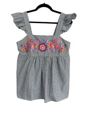 Savanna Jane Embroidered Striped Ruffle Strap Blouse Size Small